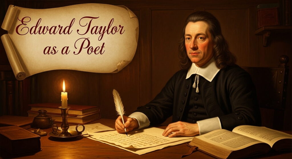 Edward Taylor writing devotional poetry in a quiet Puritan study room with candlelight and books
