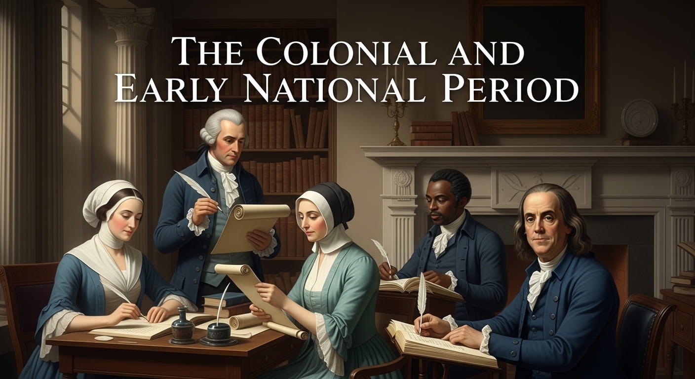 A group of early American writers and thinkers reading and discussing ideas in a study filled with books.
